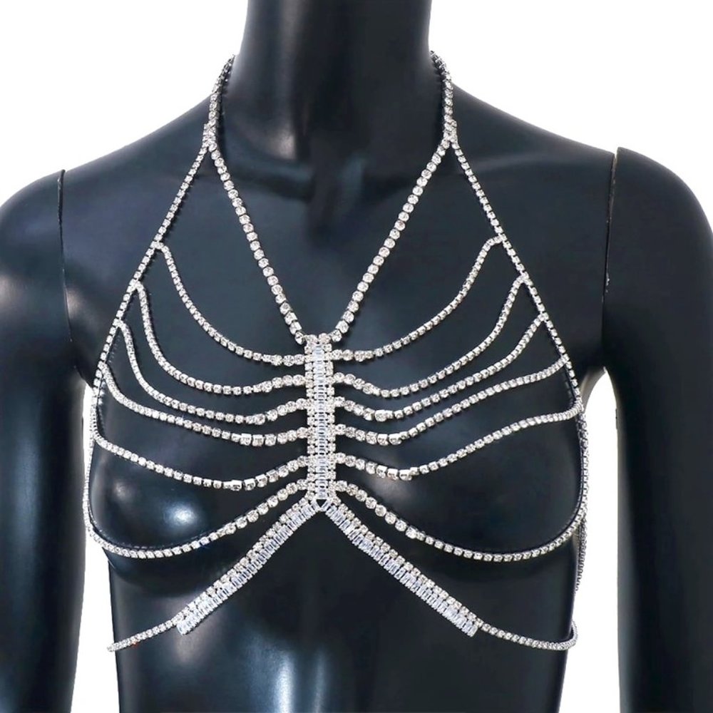 Zircon Multi Layer Hollow Bra Necklace Rhinestone Chest Chain Body Jewelry